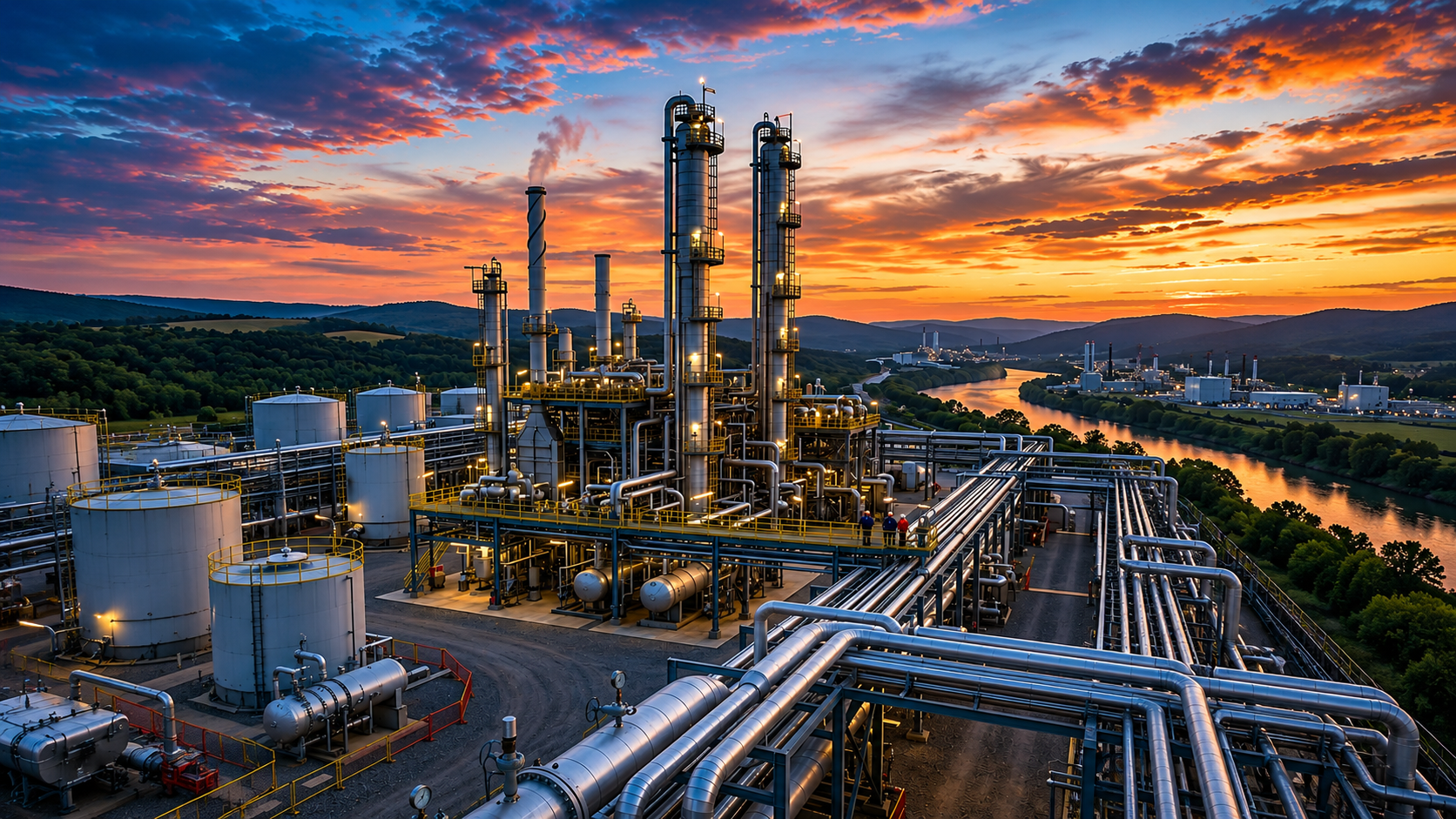 Industrial steel factory at dusk